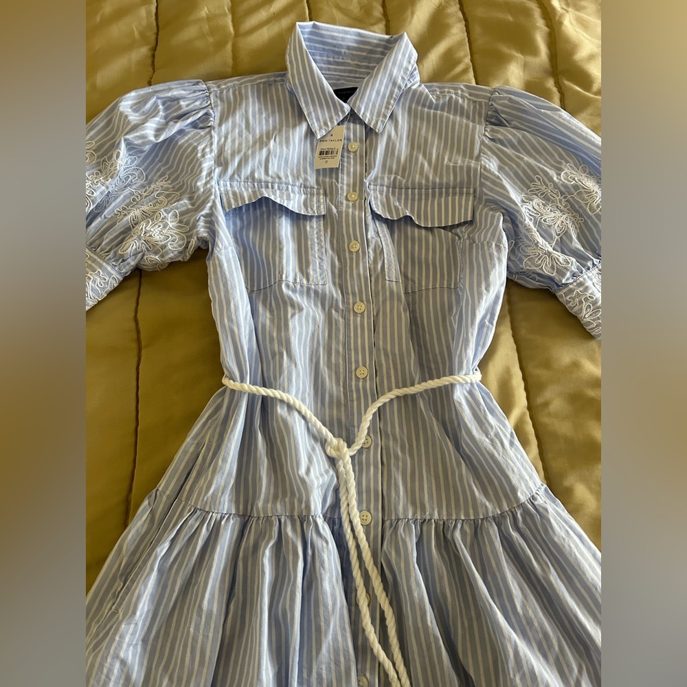 NWT Ann Taylor Embroidered Puff Sleeve Blue Striped Midi Shirtdress size 0 - Picture 6 of 8